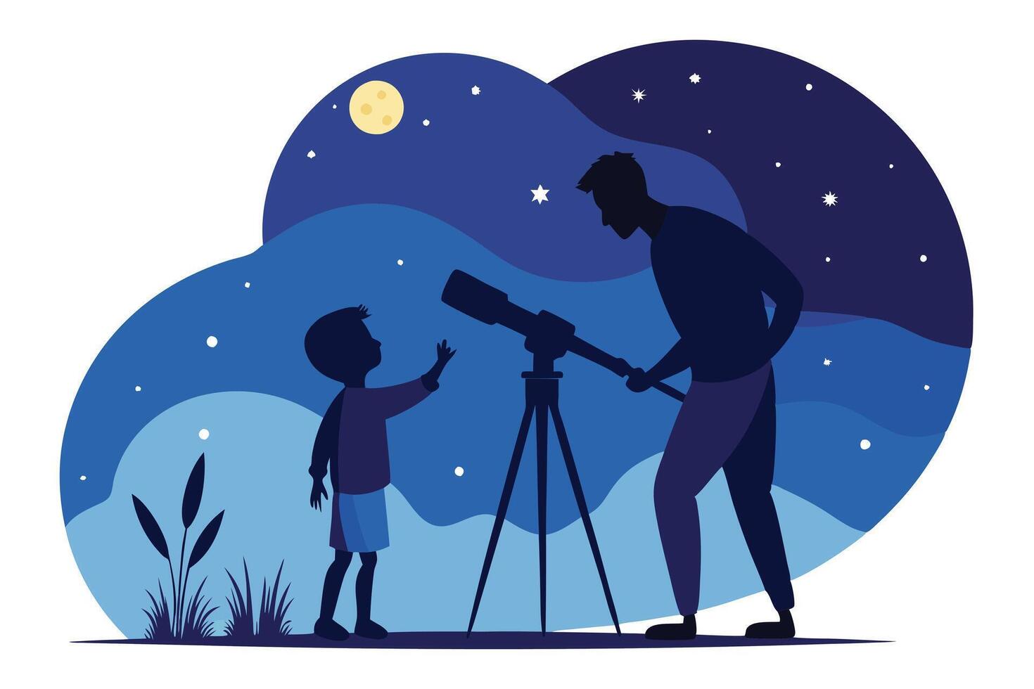 Silhouette Father and Son Stargazing with Telescope under Moonlit Night Sky vector