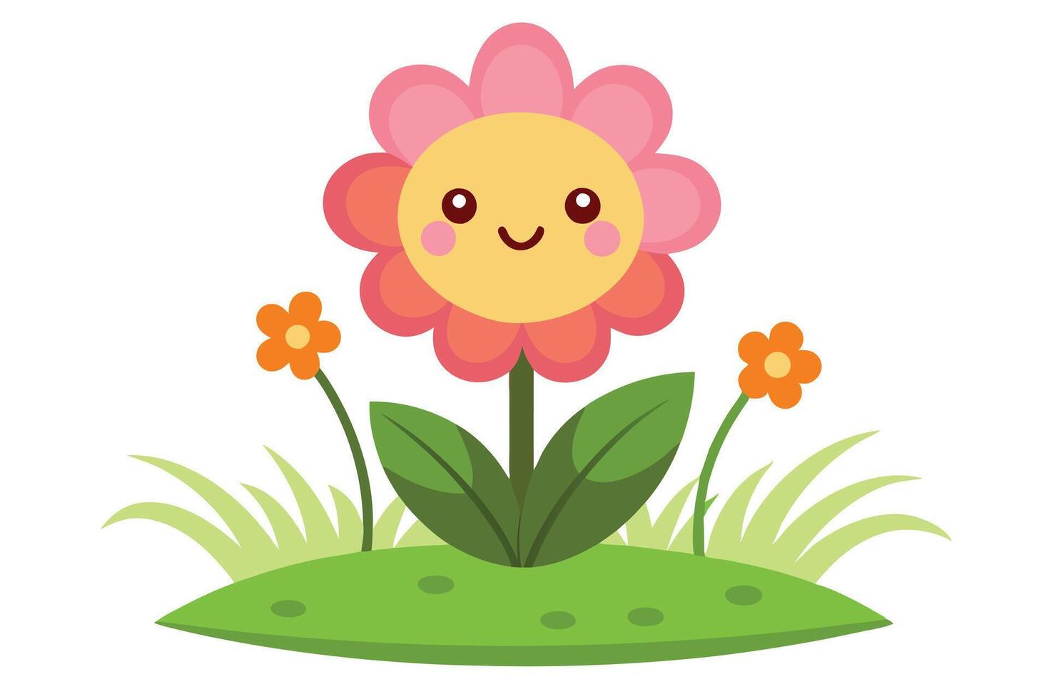 Cute Pink Flower Cartoon Character on Green Grass with White Background vector