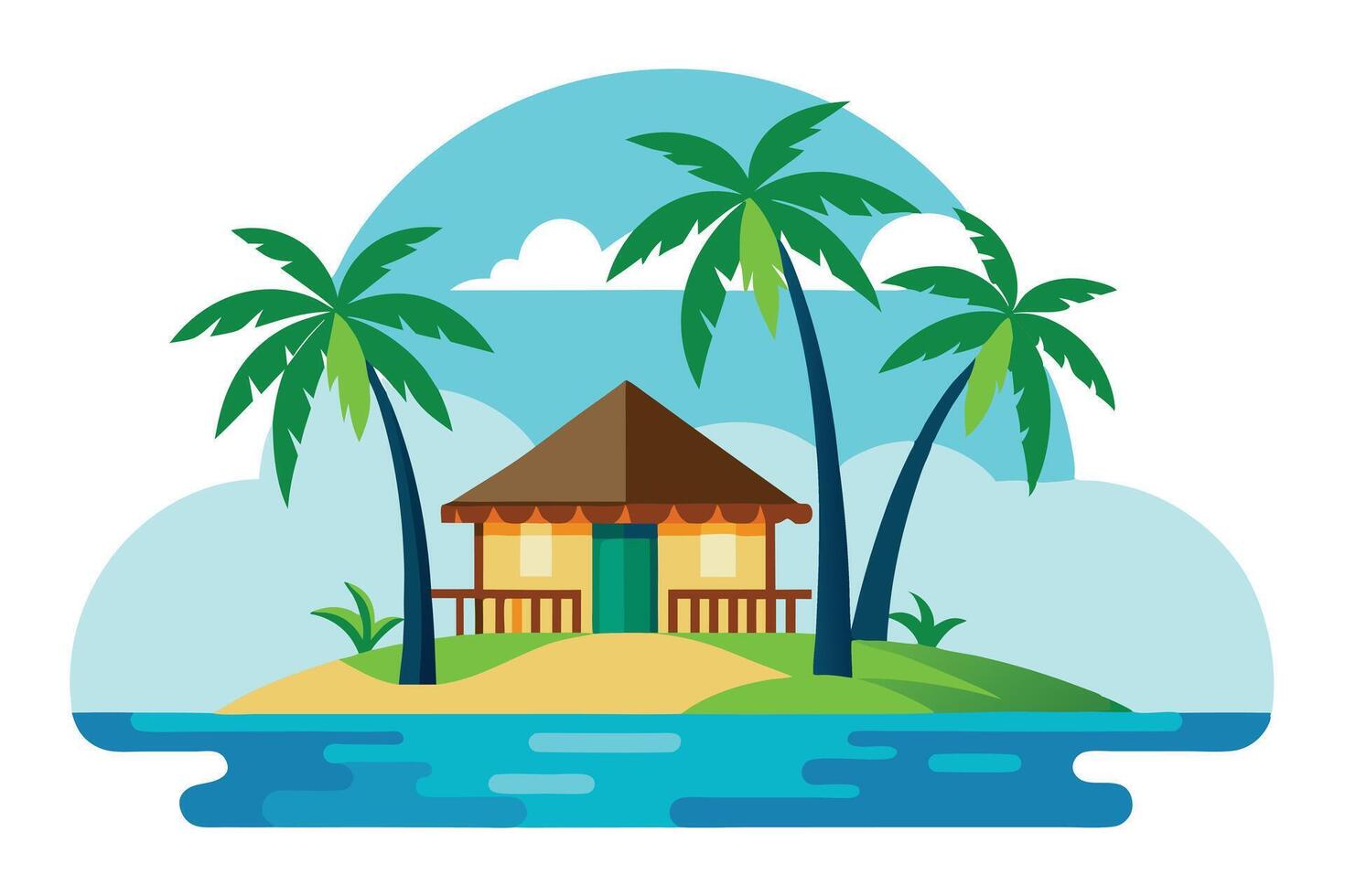 Cartoon Island Getaway with Palm Trees, Sandy Beach, and Beach Hut vector