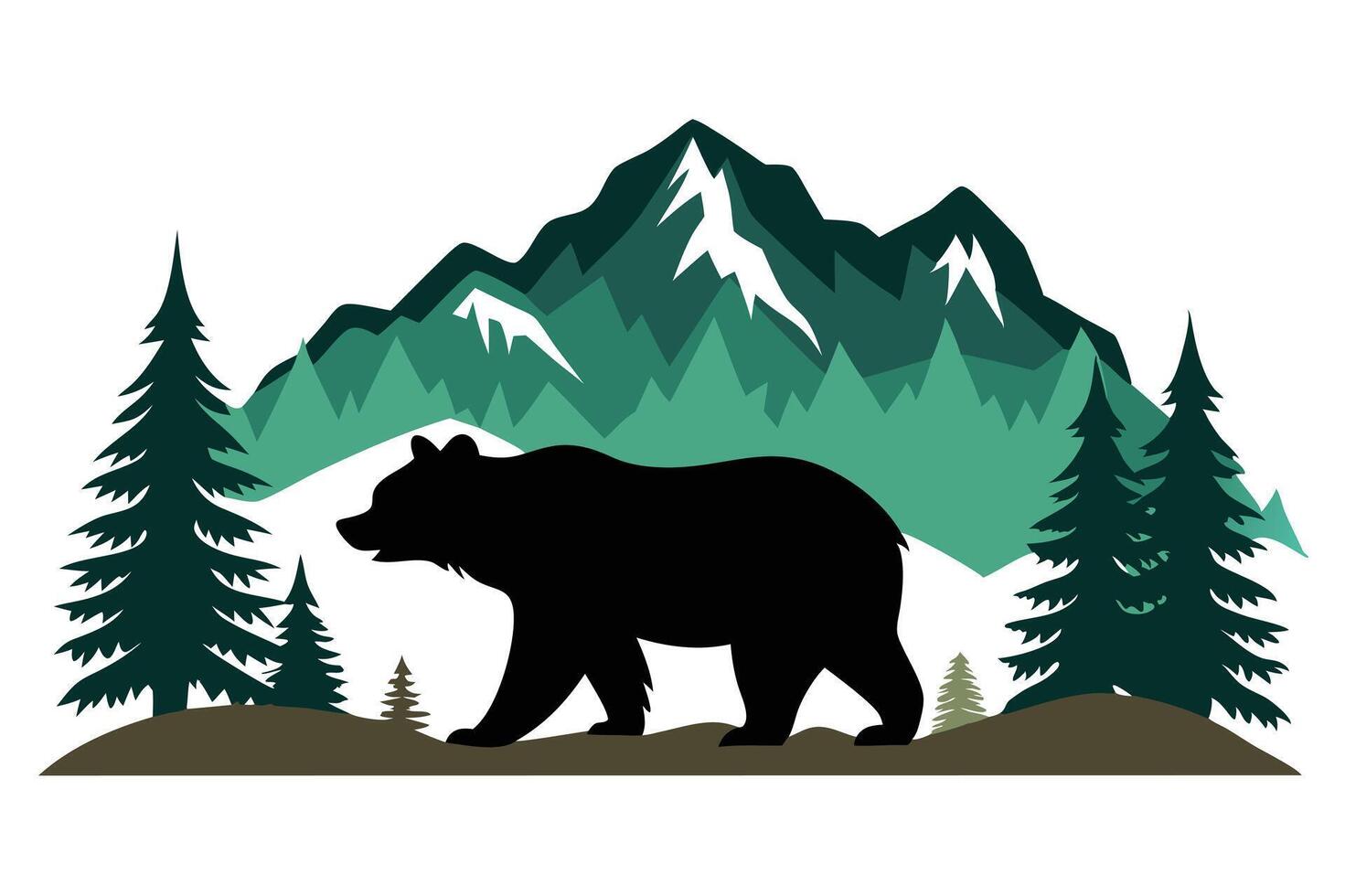 Silhouette Bear Walking with Green Mountains and Pine Trees over Ground vector