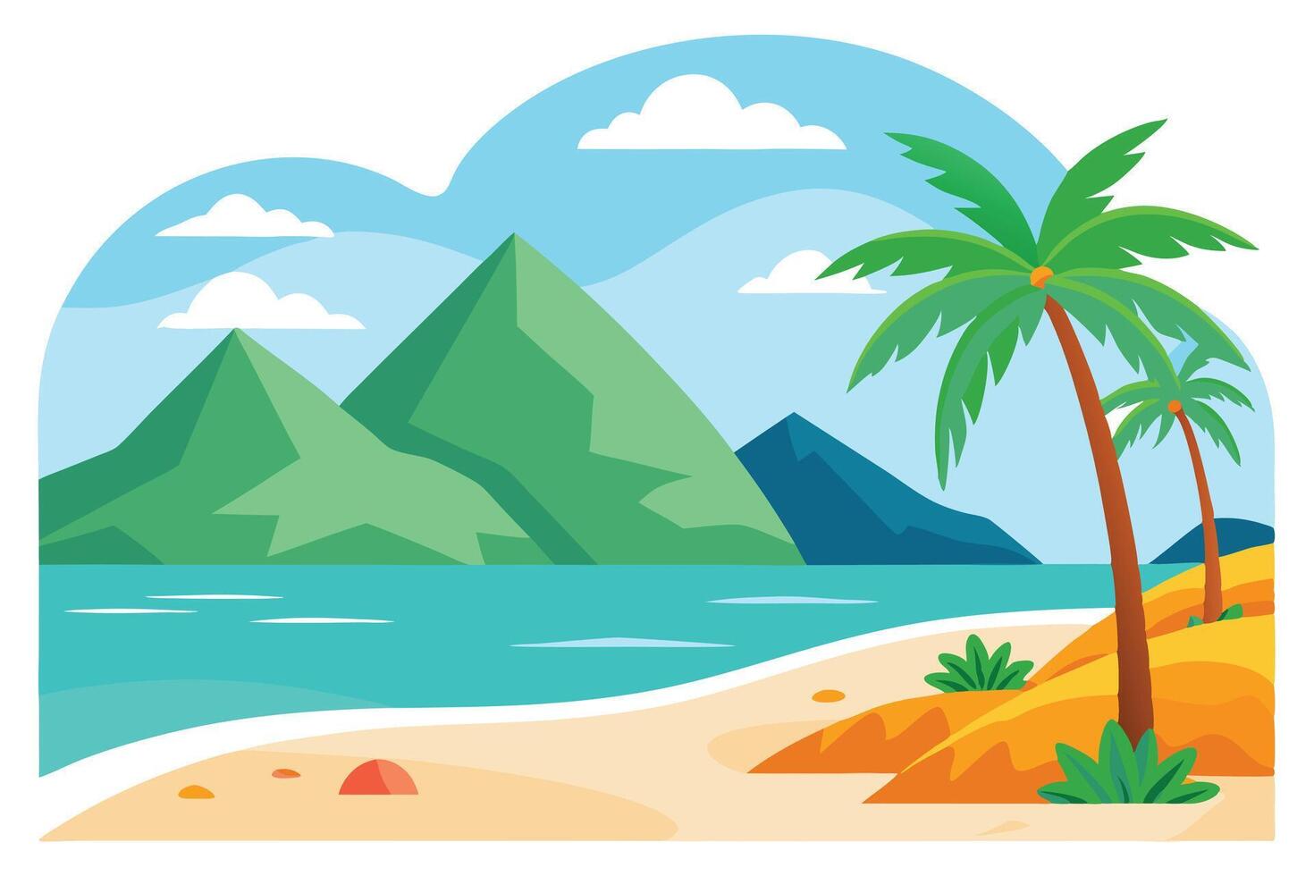 Tropical Landscape with Palm Trees, Mountains, Sea, Sky with Clouds, Sand Beach vector