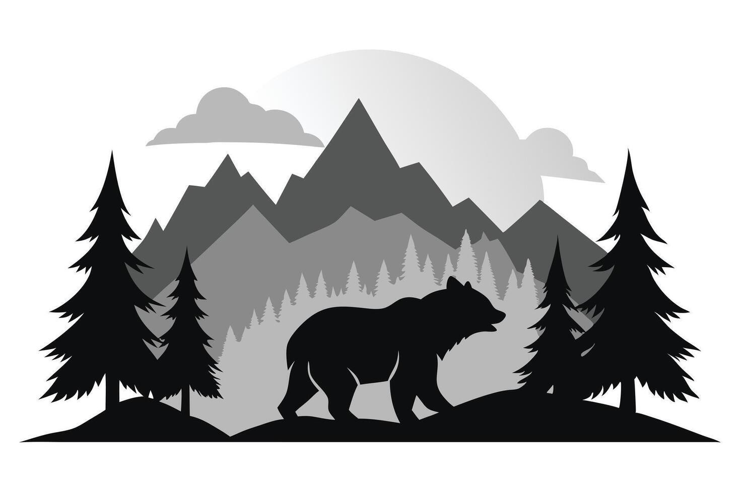 Silhouette Bear Walking Past Trees with Mountains Background Design vector