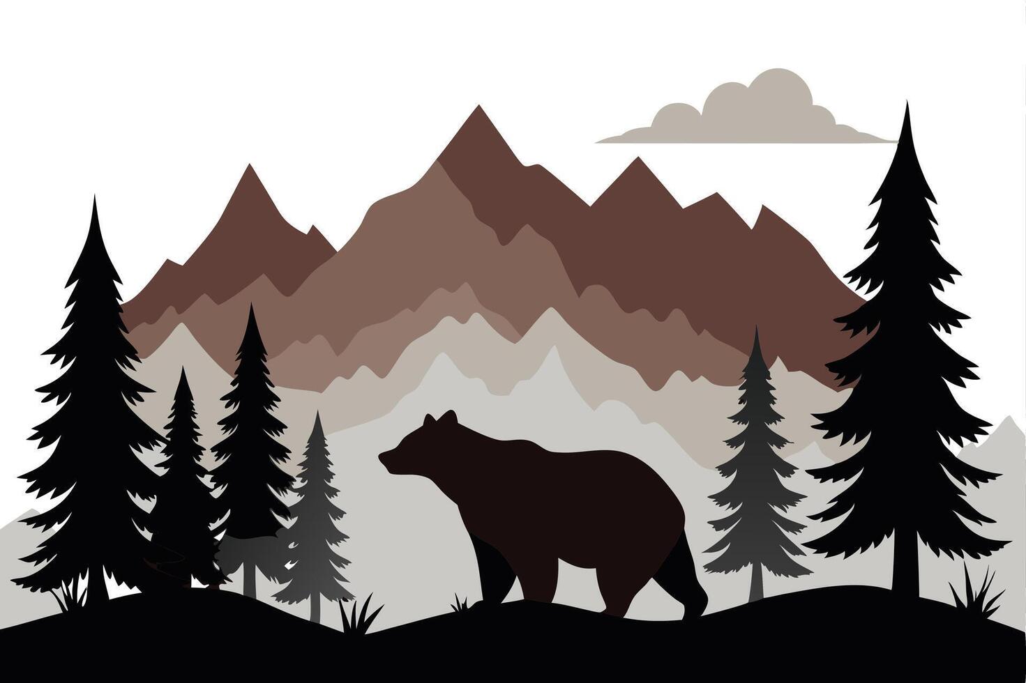 Flat Design of Forest Silhouette with Brown Bear, Mountains, Coniferous Trees and Clouds vector