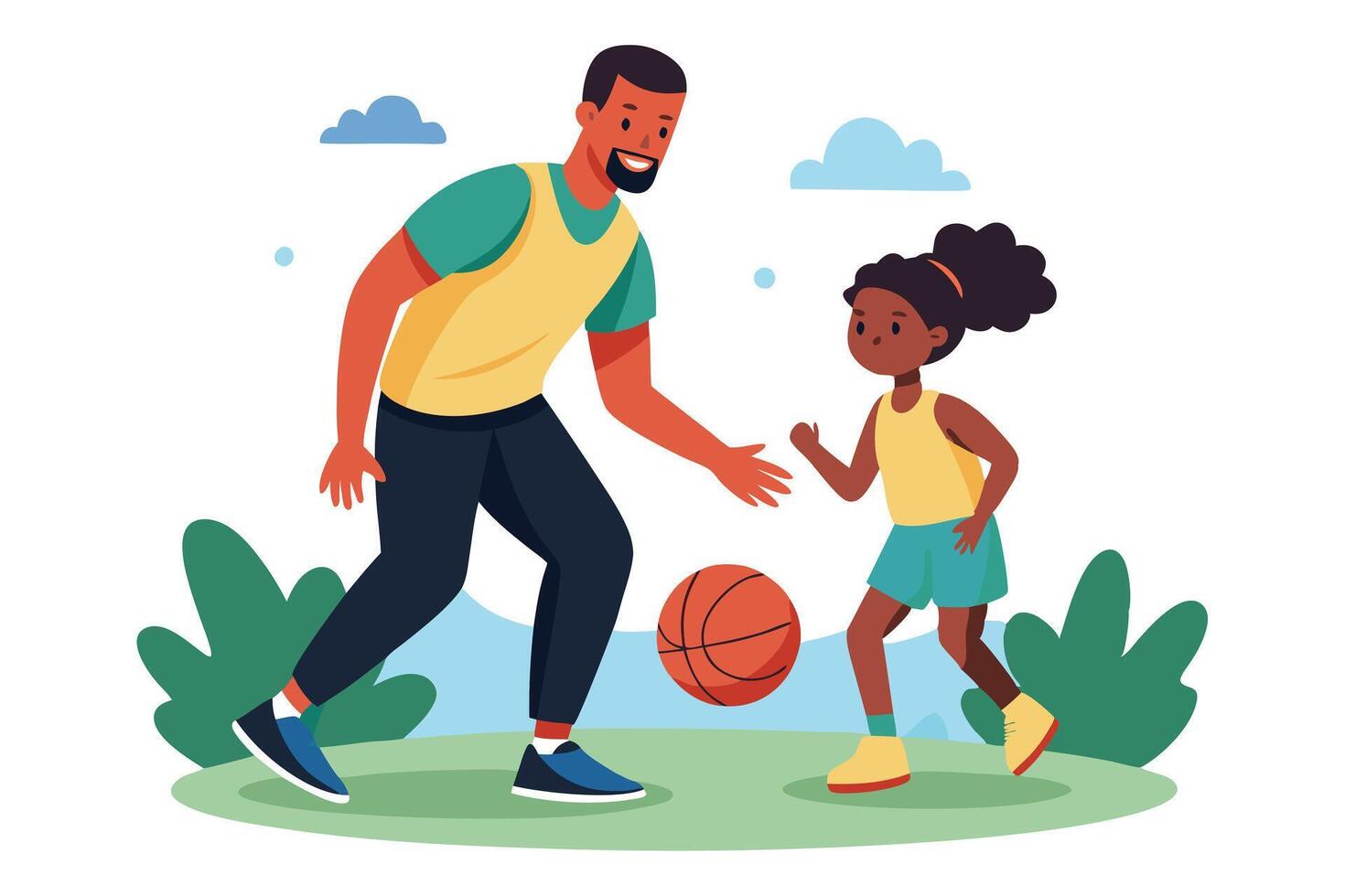 Dad With Daughter Playing Basketball in Park, Happy Moment, Flat vector
