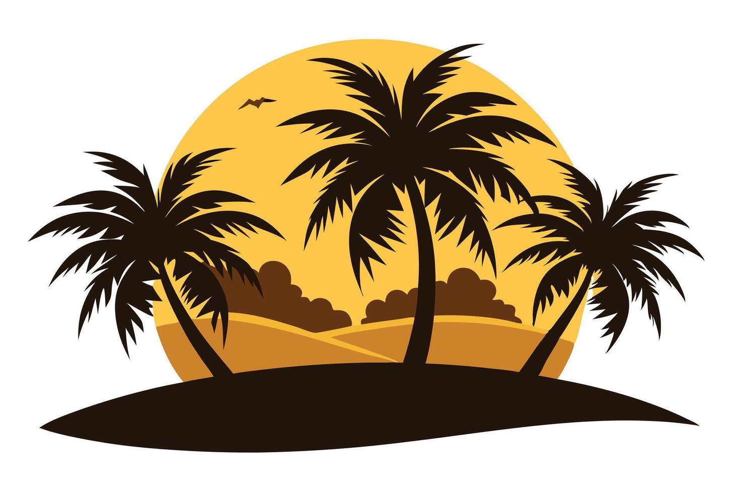 Beach Landscape with Three Palm Trees, Sunset, Sand Dunes, and a Flying Bird vector