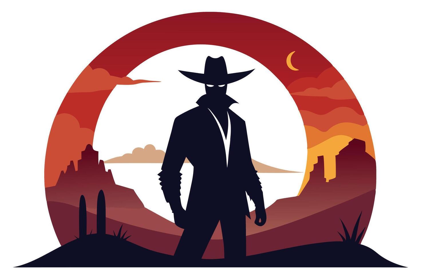 Cowboy Silhouette with Hat in Desert Landscape Under Moon in Cartoon Style vector