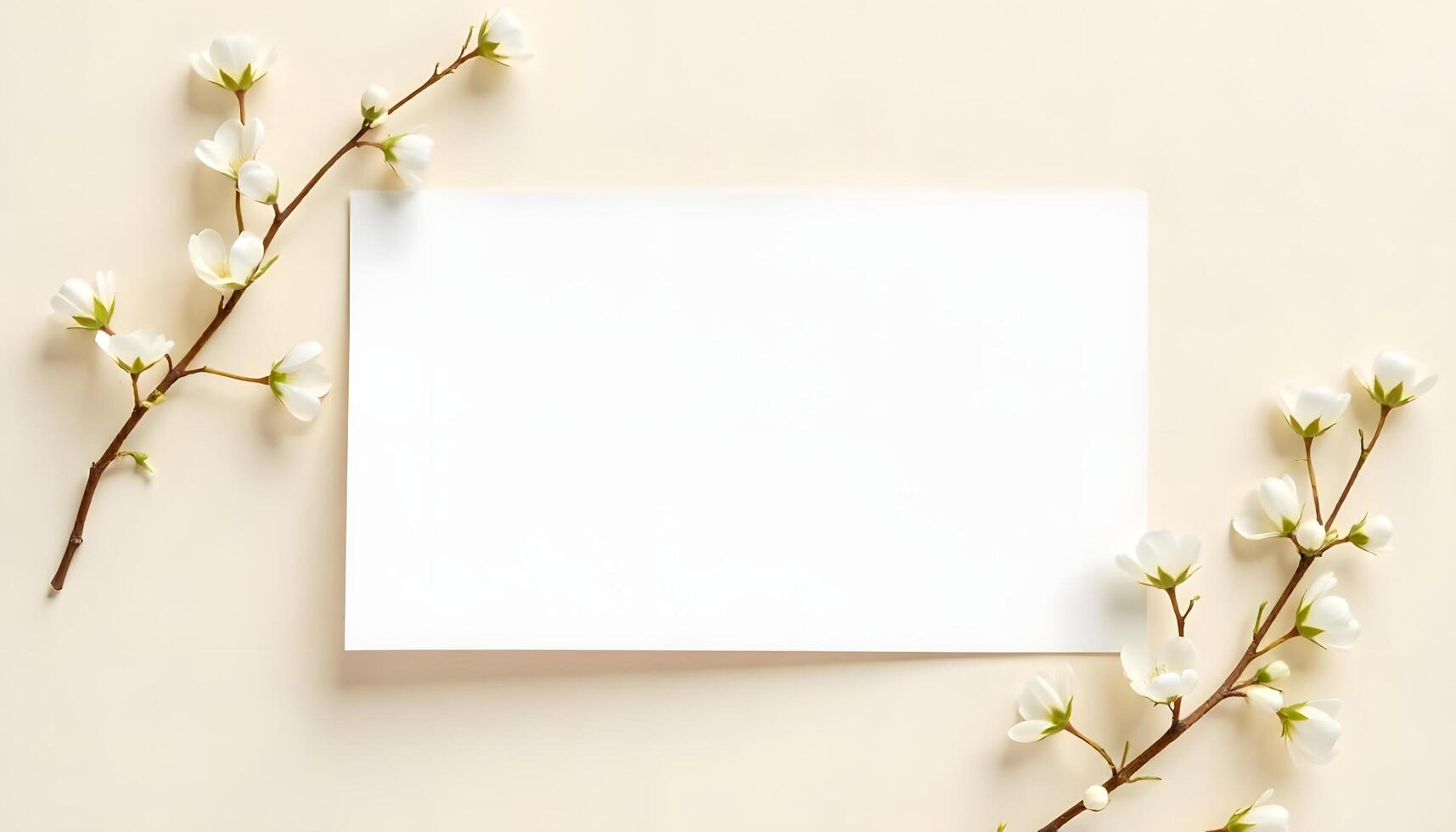 Blank card with white flowers and branches, perfect for spring invitations. photo