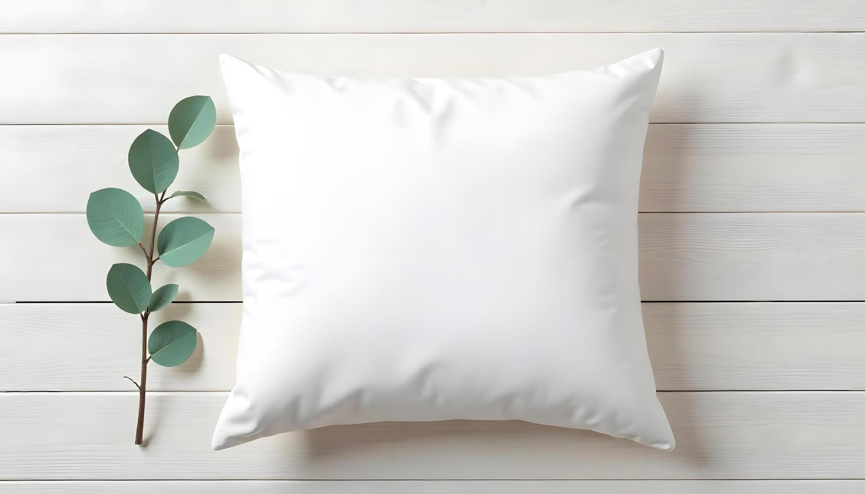 White Square Pillow for your visual brand mockup on a White Wooden Background photo