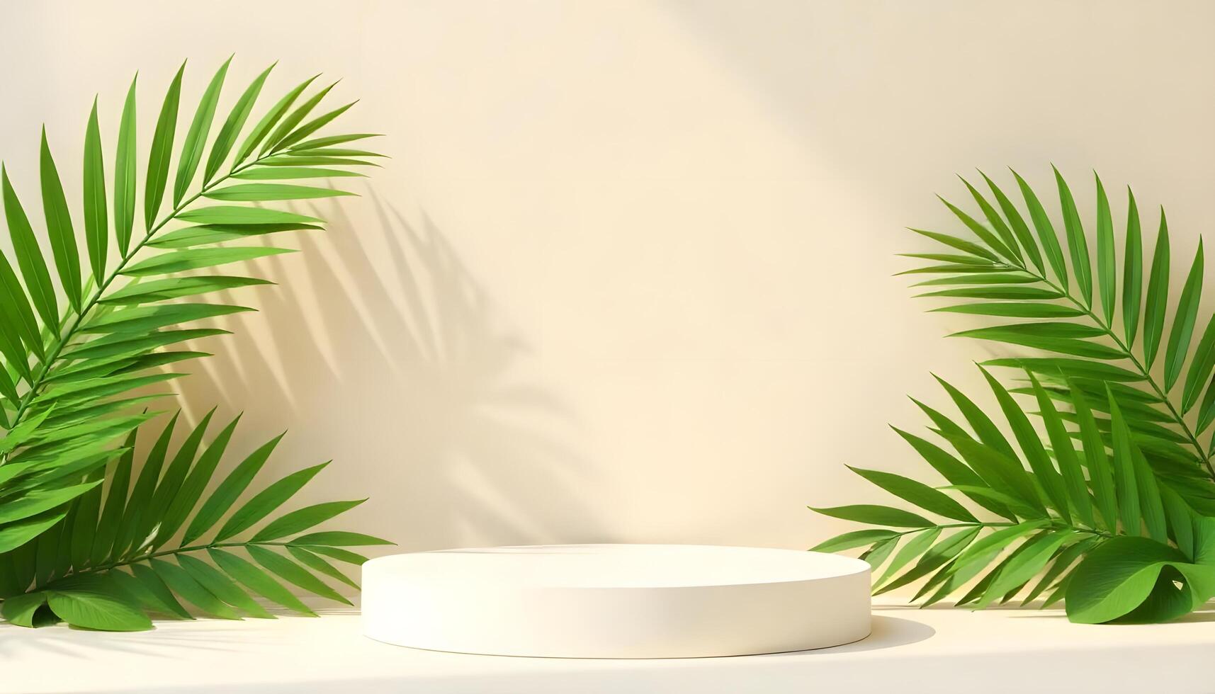 Minimalist product display podium with palm leaves and natural light photo