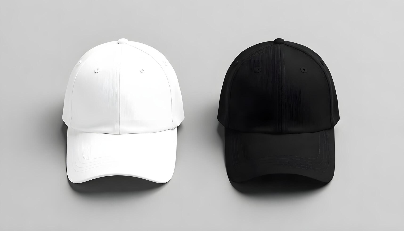 White and black baseball caps for your visual brand mockup on a gray background photo