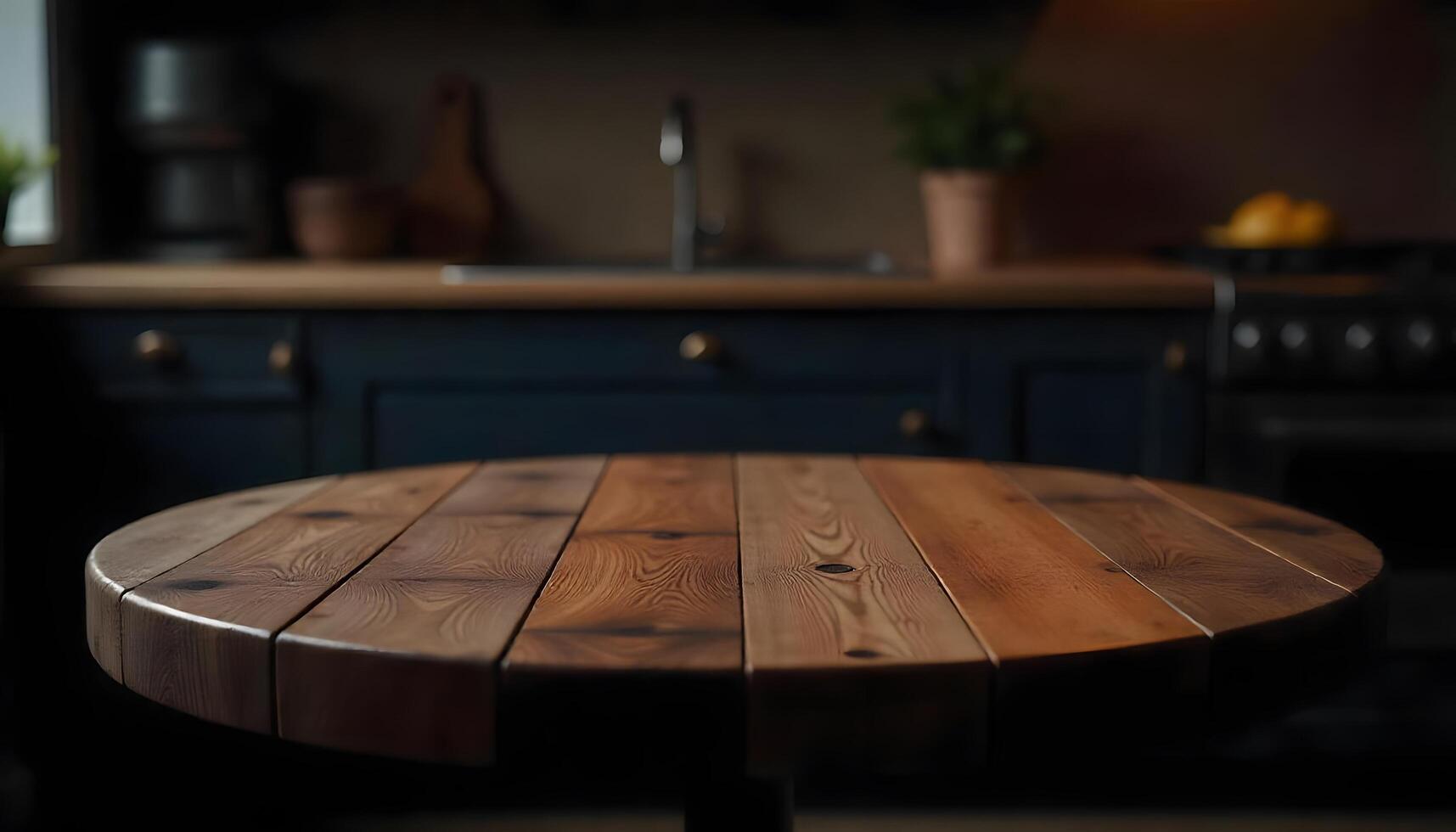 Close-up of a round wooden table in a rustic kitchen setting photo