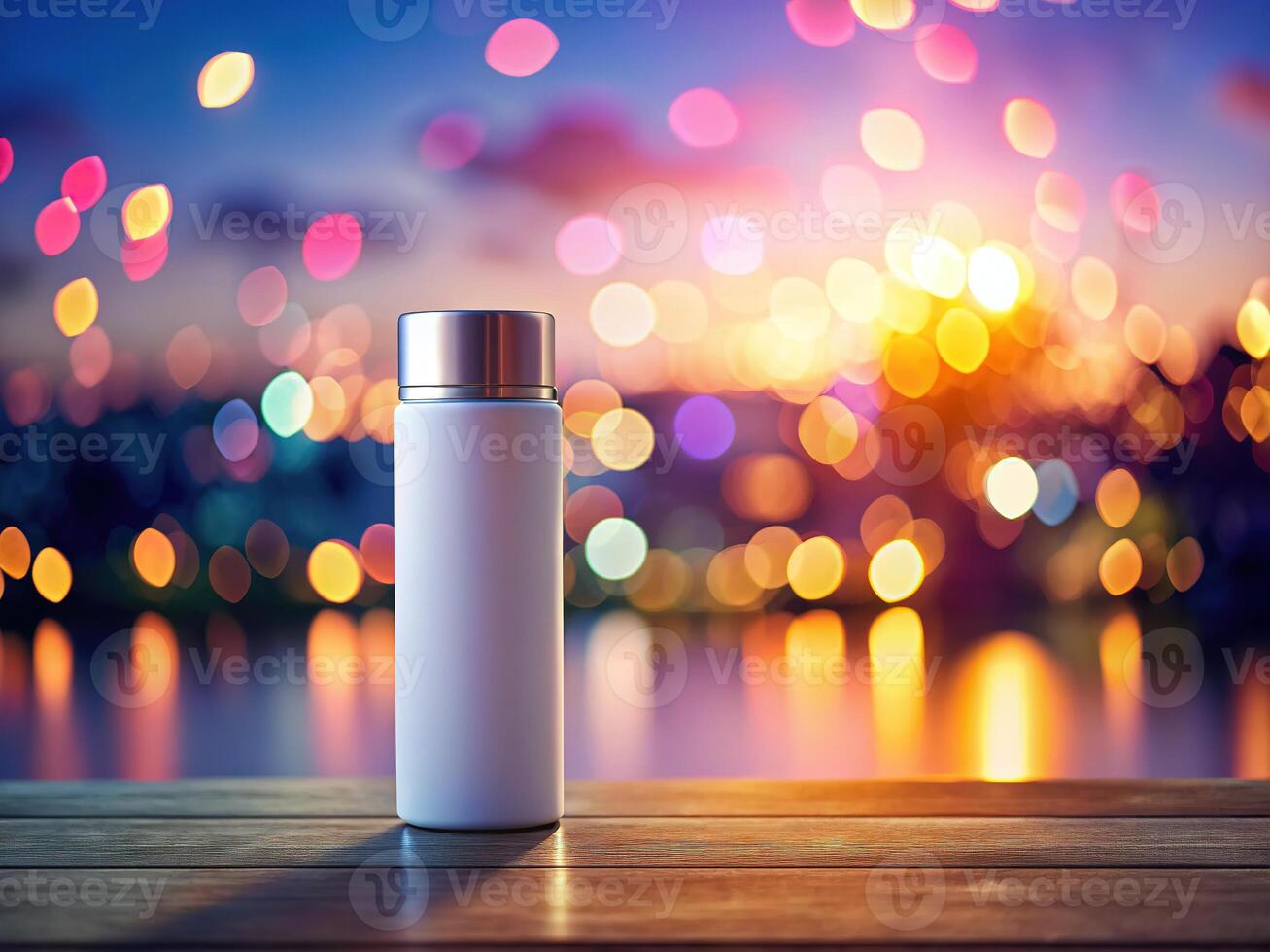 A white water bottle on a wooden table with a blurred background photo