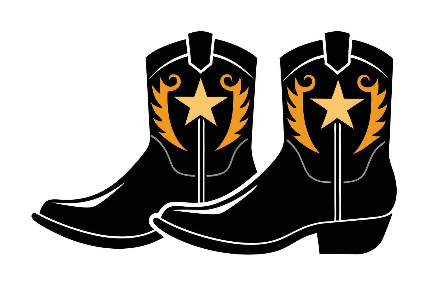Two Black Cowboy Boots with Golden Stars and Flame Decoration on White Background vector