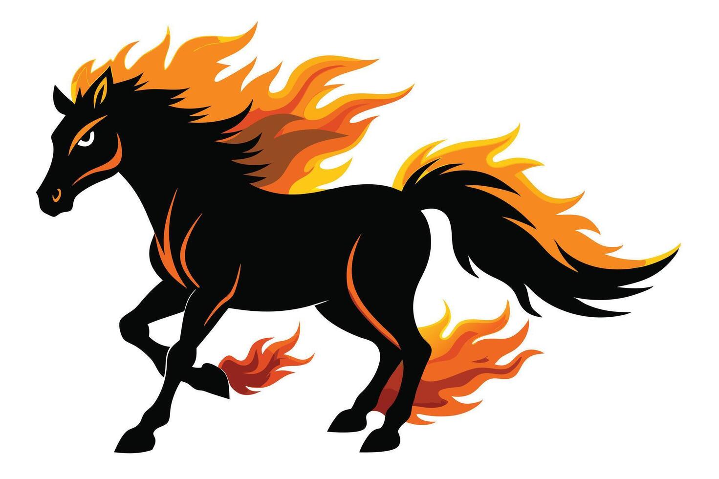 Stylized Black Horse Running with Fiery Mane Isolated on White Background vector