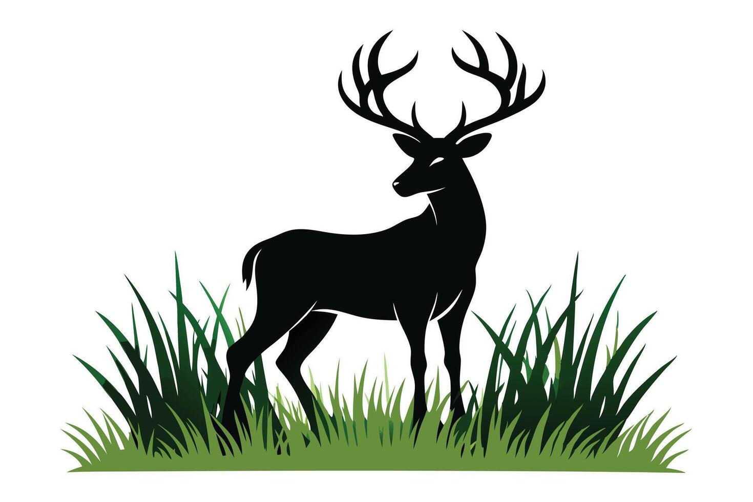 Silhouette of Majestic Deer with Antlers in Lush Green Grass on White Background vector