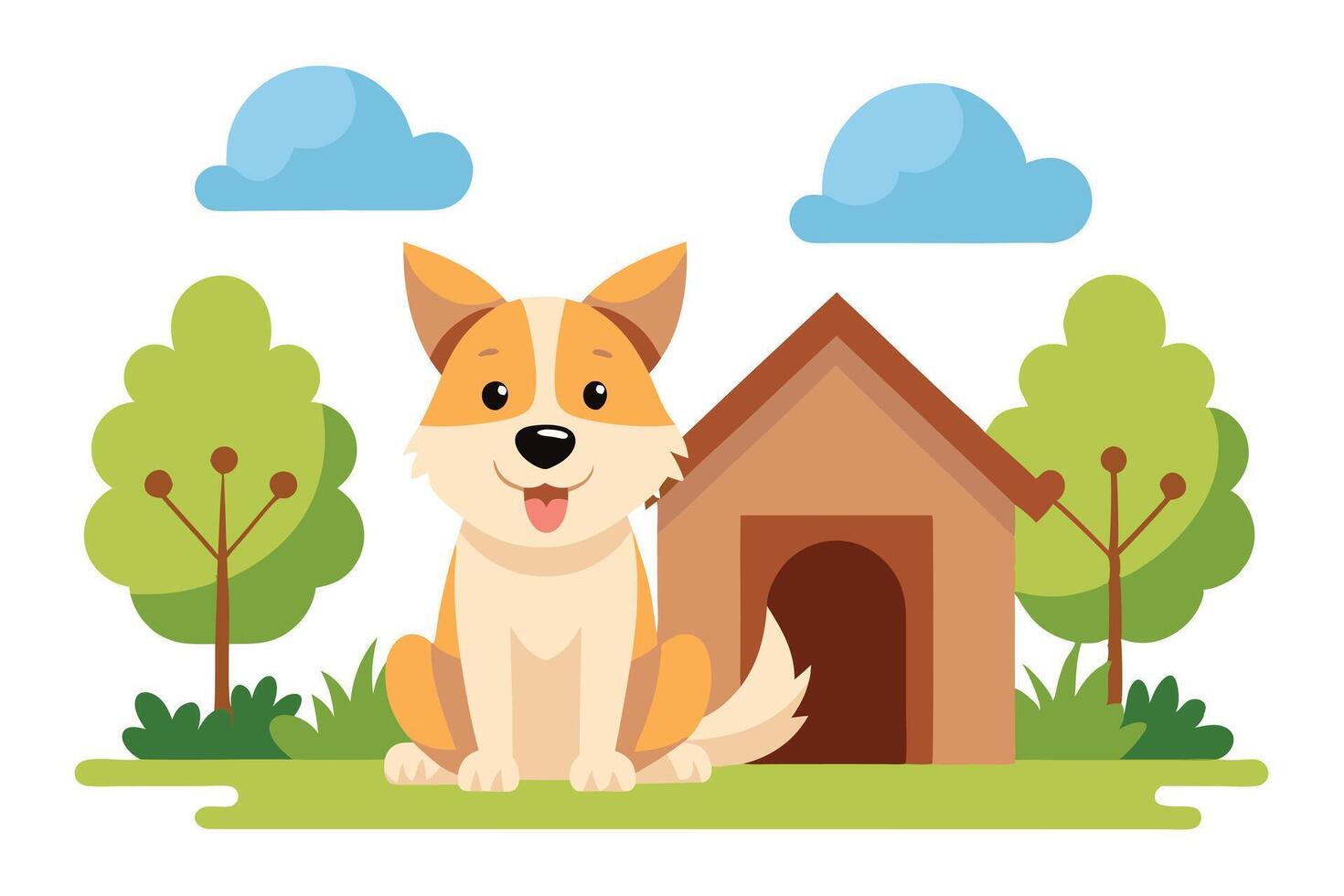 Cartoon Smiling Dog Sitting Near Doghouse on Grass with Tree and Cloud Design vector