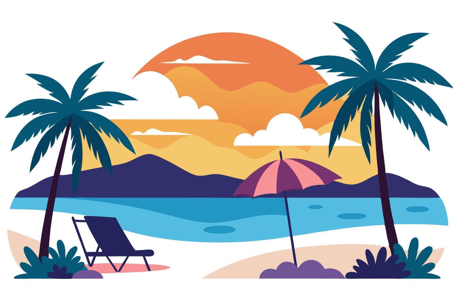 Tropical Beach with Palm Trees, Umbrella, Deckchair and Sunset Landscape vector