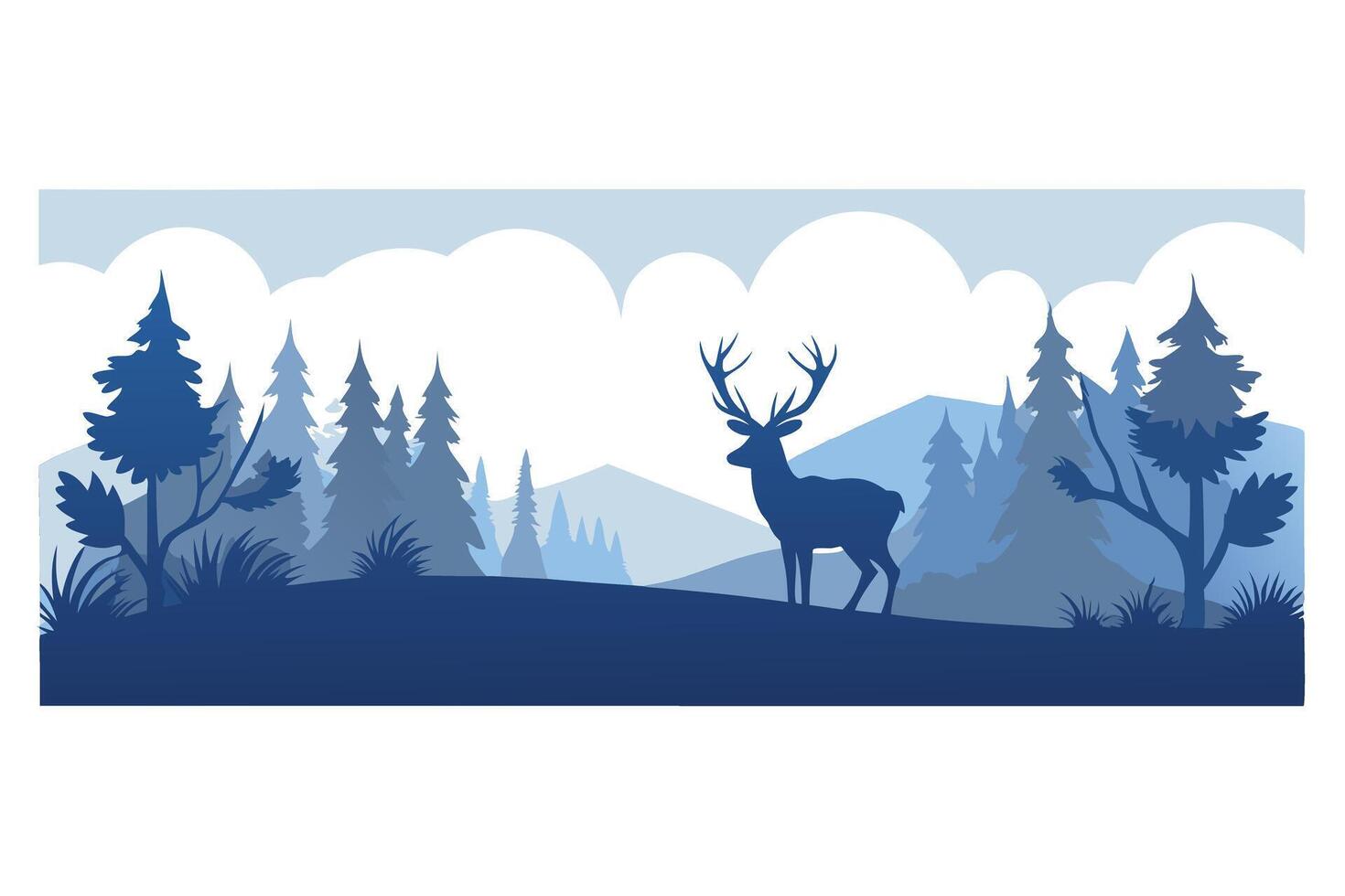 Blue Silhouette Deer Landscape with Pine Trees Mountains in Forest Scenery vector