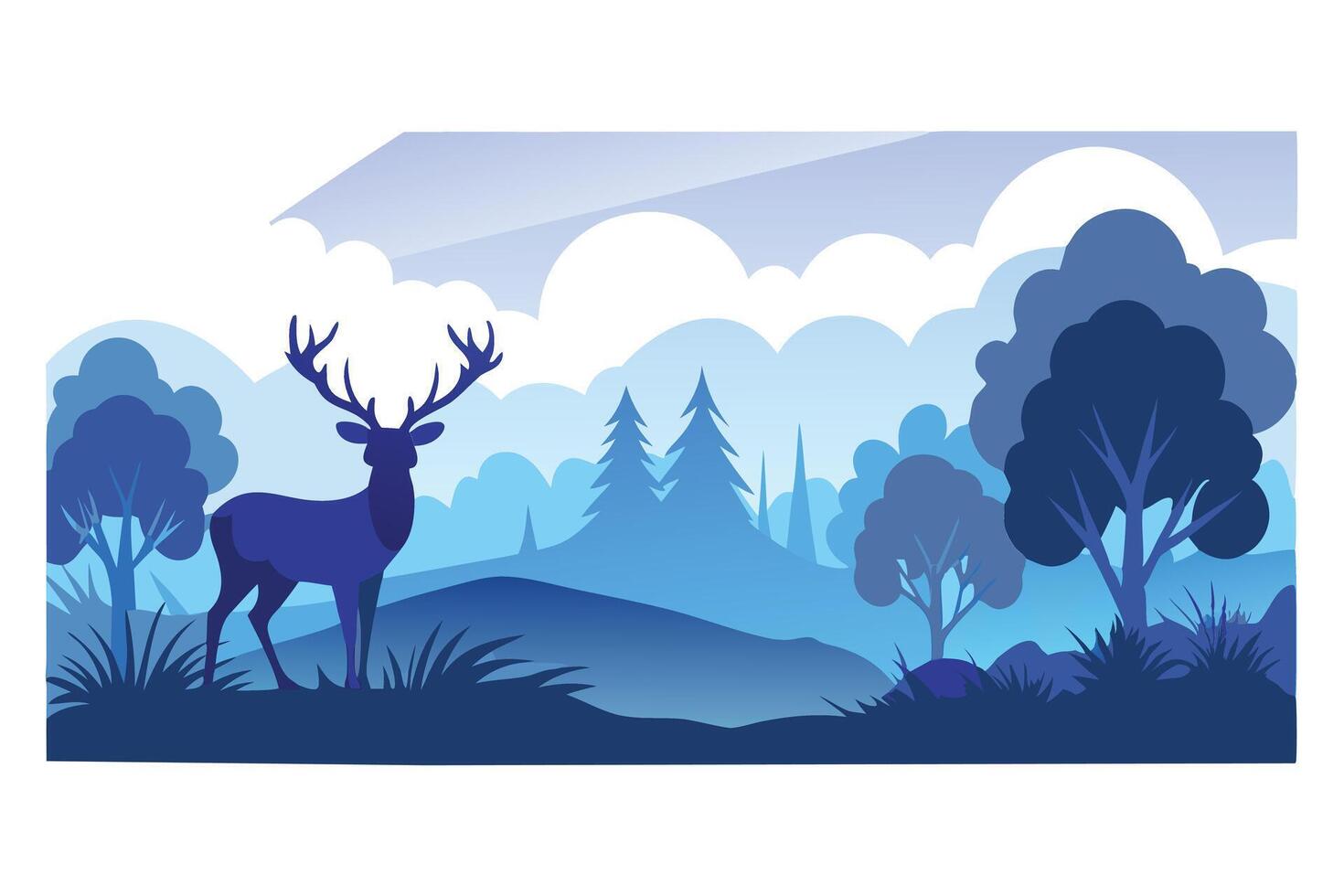 Blue Landscape with Deer, Silhouetted Forest, Hill, Trees, and Clouds vector