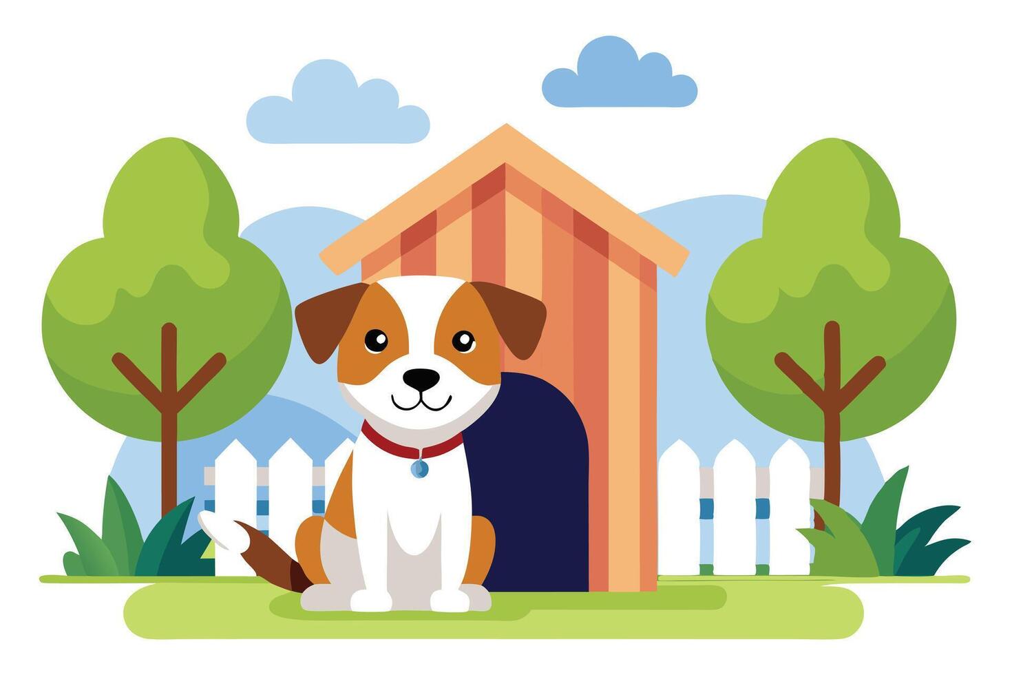 Cute Cartoon Dog with Red Collar Sitting near Doghouse, Green Trees and Fence vector