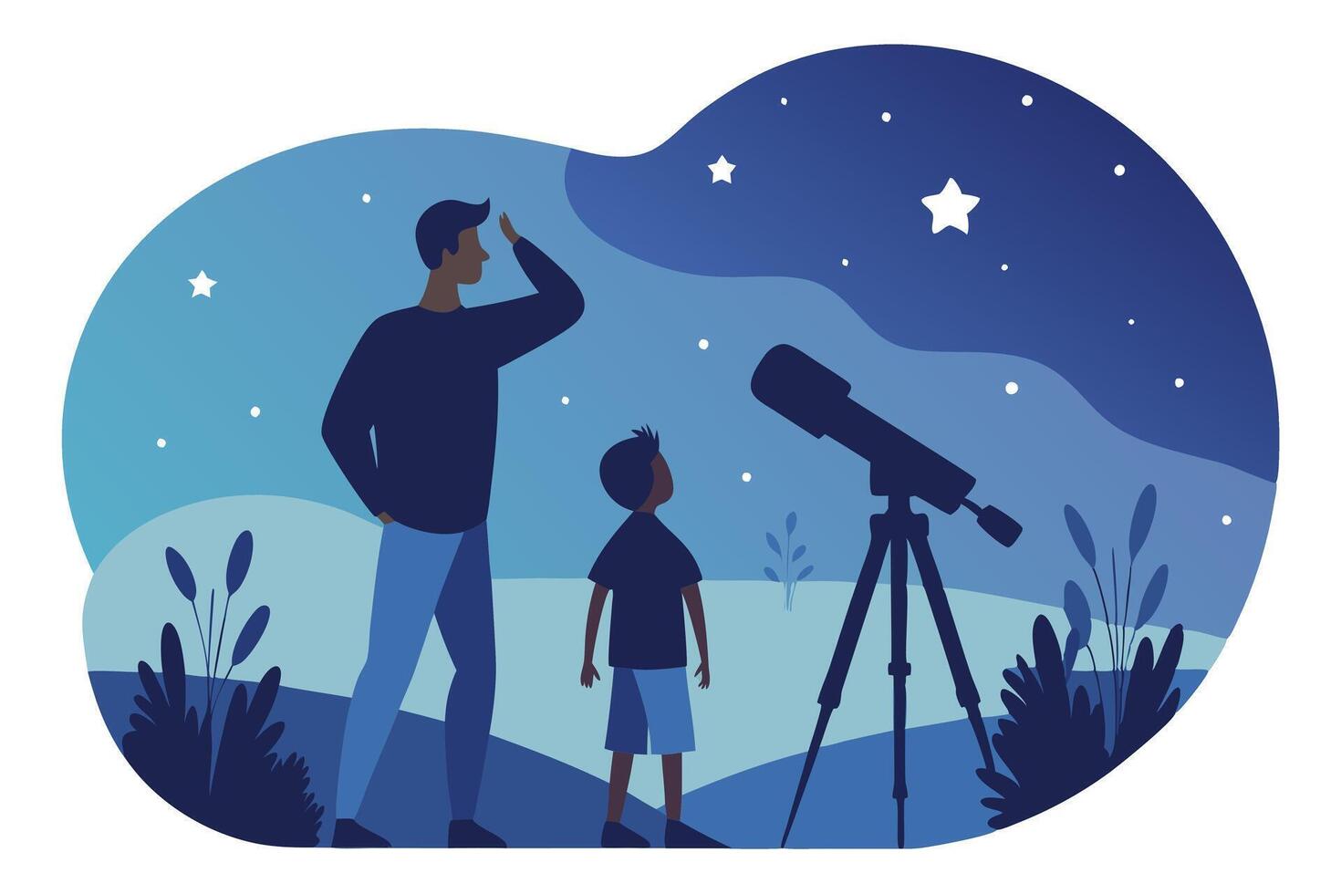 Father and Son Stargazing with Telescope under Starry Night Sky Flat Design vector