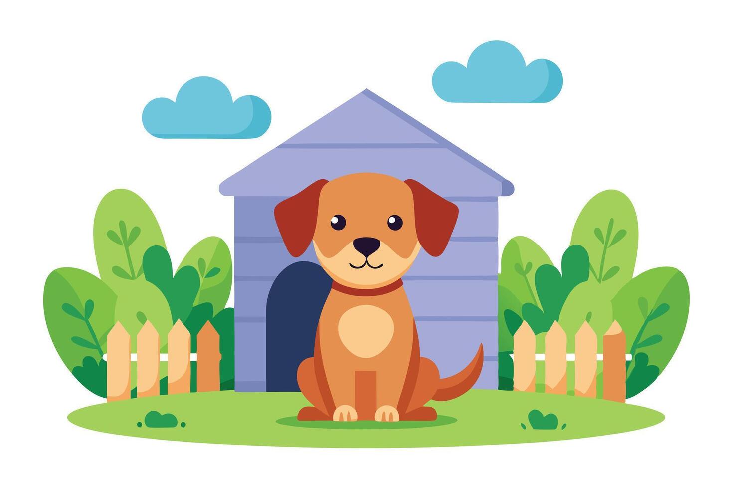 Cartoon Dog Sitting Outside House, Fence, Bushes, Clouds on White Background vector