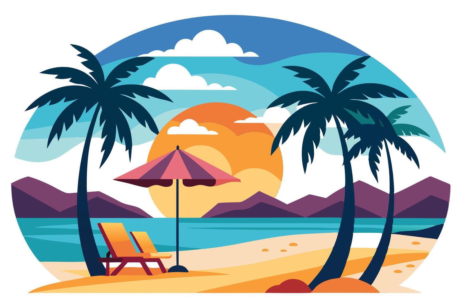 Tropical Beach with Palm Trees, Umbrella, Chairs and Sunset, Stylized vector