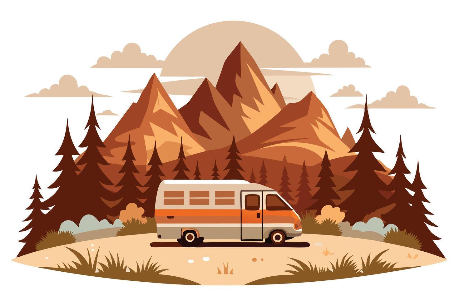 Brown Mountain with Van in a Forest with a Flat Design Style vector