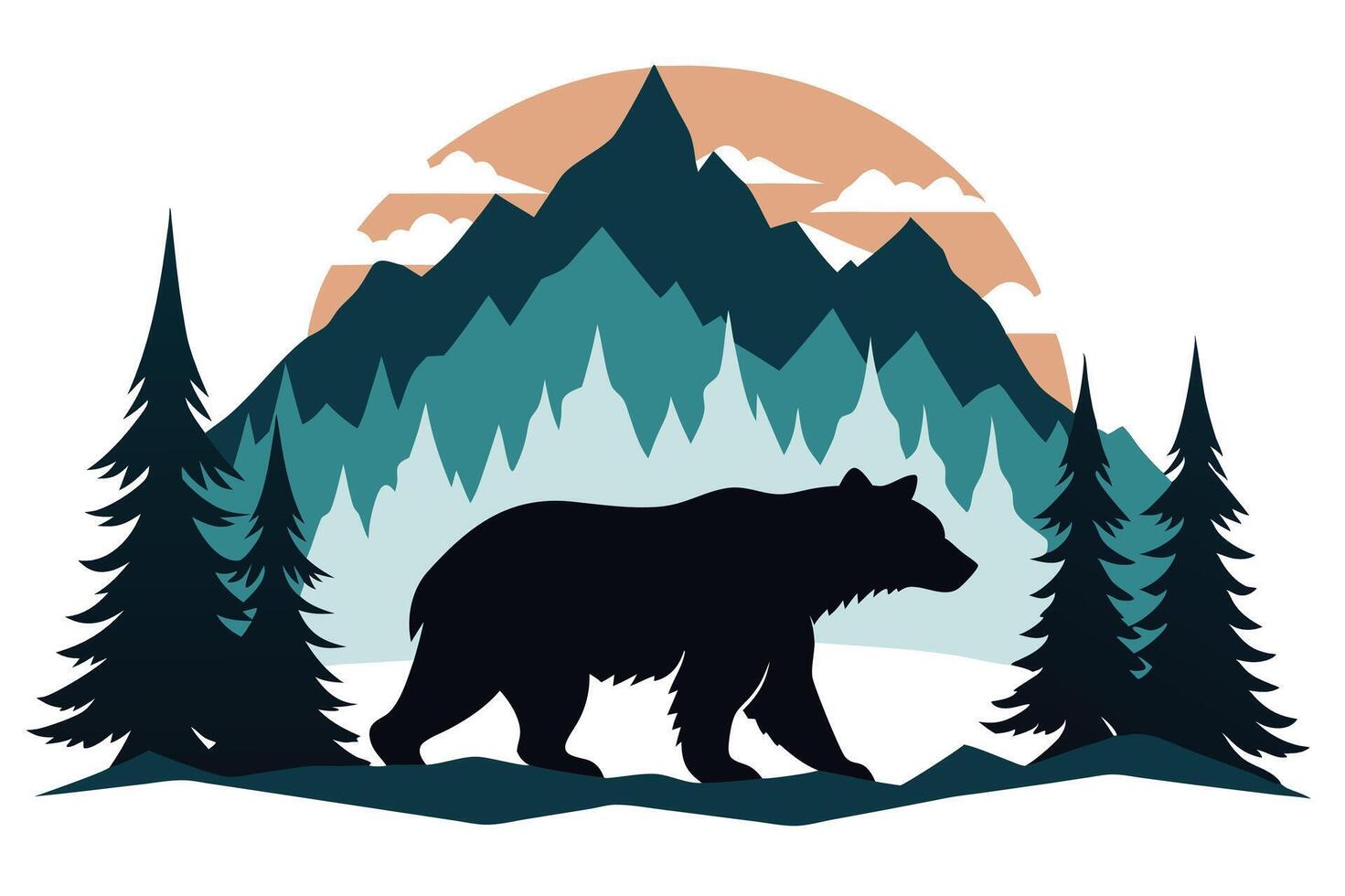 Silhouette Bear Walking Past Pine Trees with Mountain Background vector