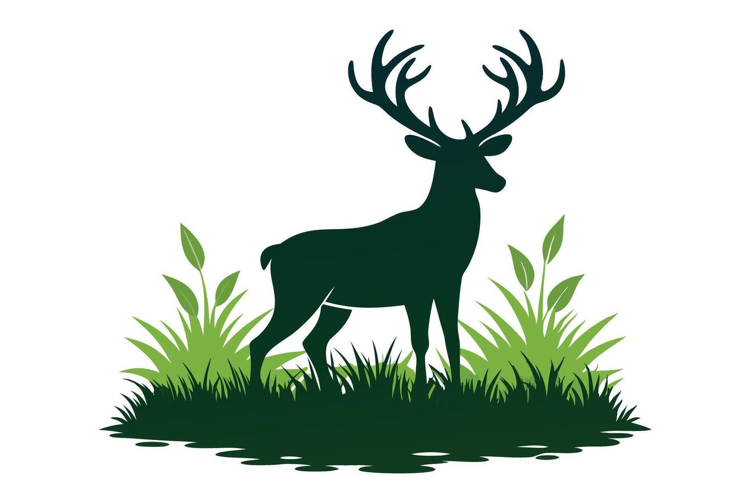 Silhouette Deer with Antlers Standing in Green Grass on White Background vector