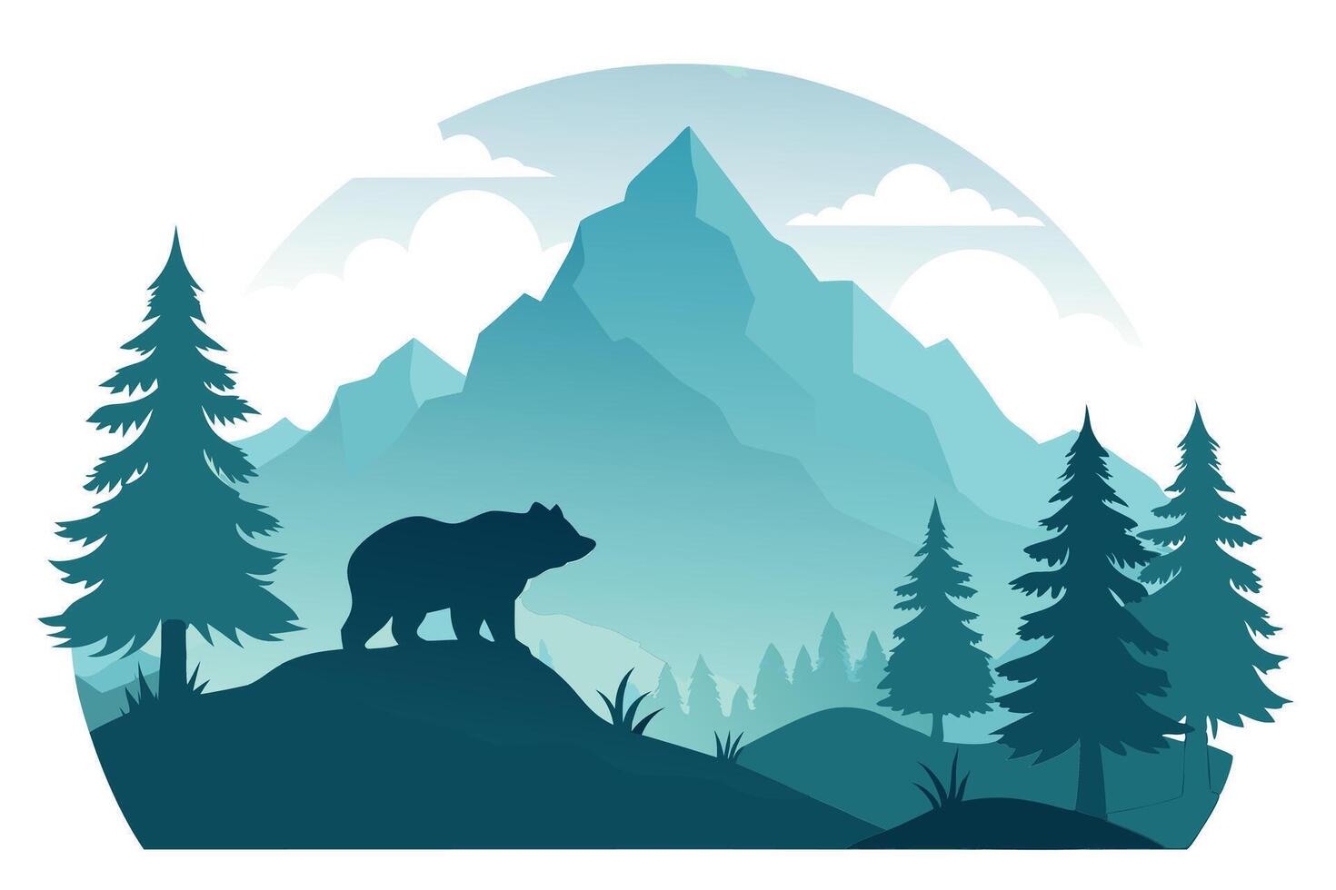 Serene Mountain Landscape with Bear Silhouette andPine Trees in Teal Hues vector