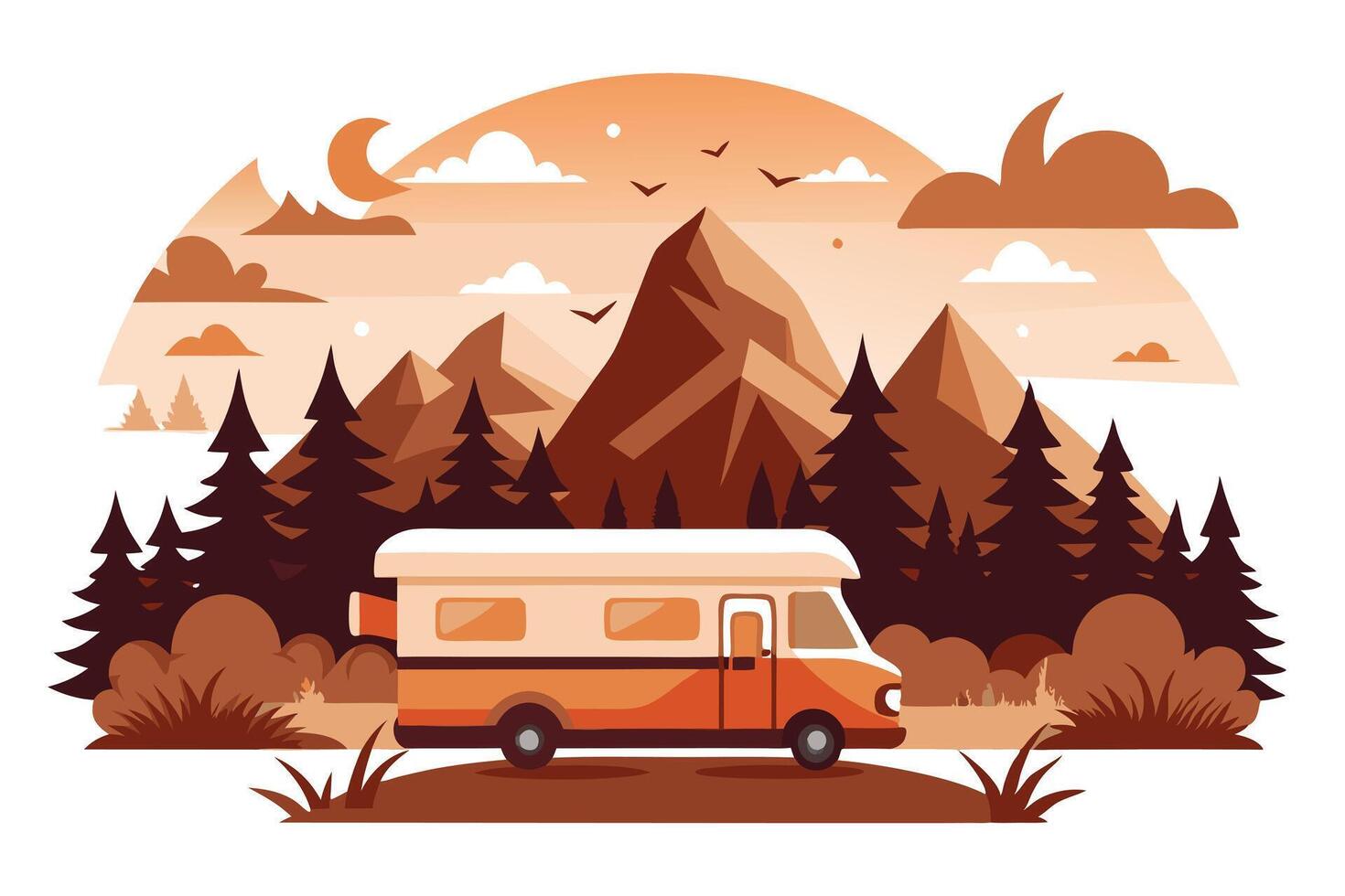 Camper Van at Mountain Forest Landscape in Retro Flat Design with Birds and Crescent Moon vector