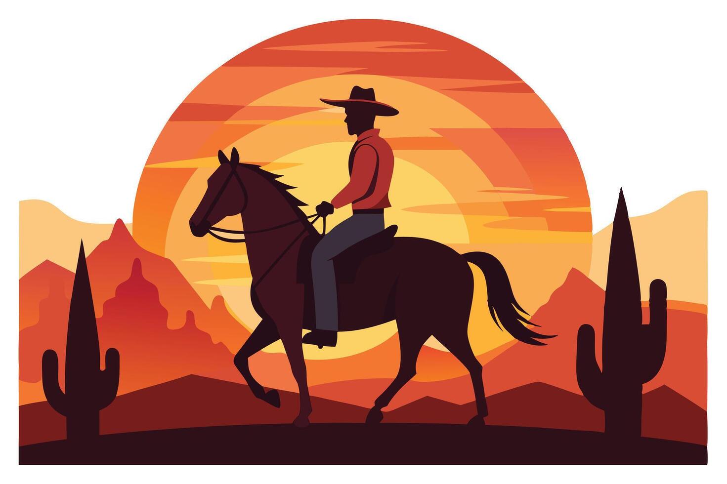Silhouette Cowboy Riding Horse against Desert Sunset Scenery vector