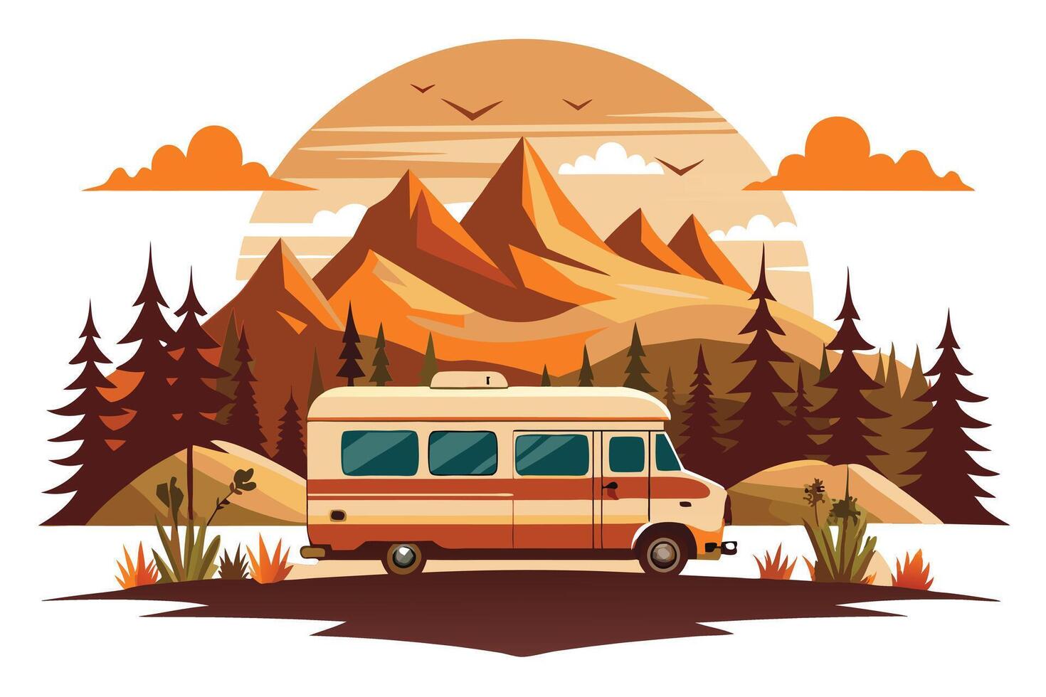 Retro RV Van, Mountain Landscape, Pine Forest, Birds in Flight, White Background vector