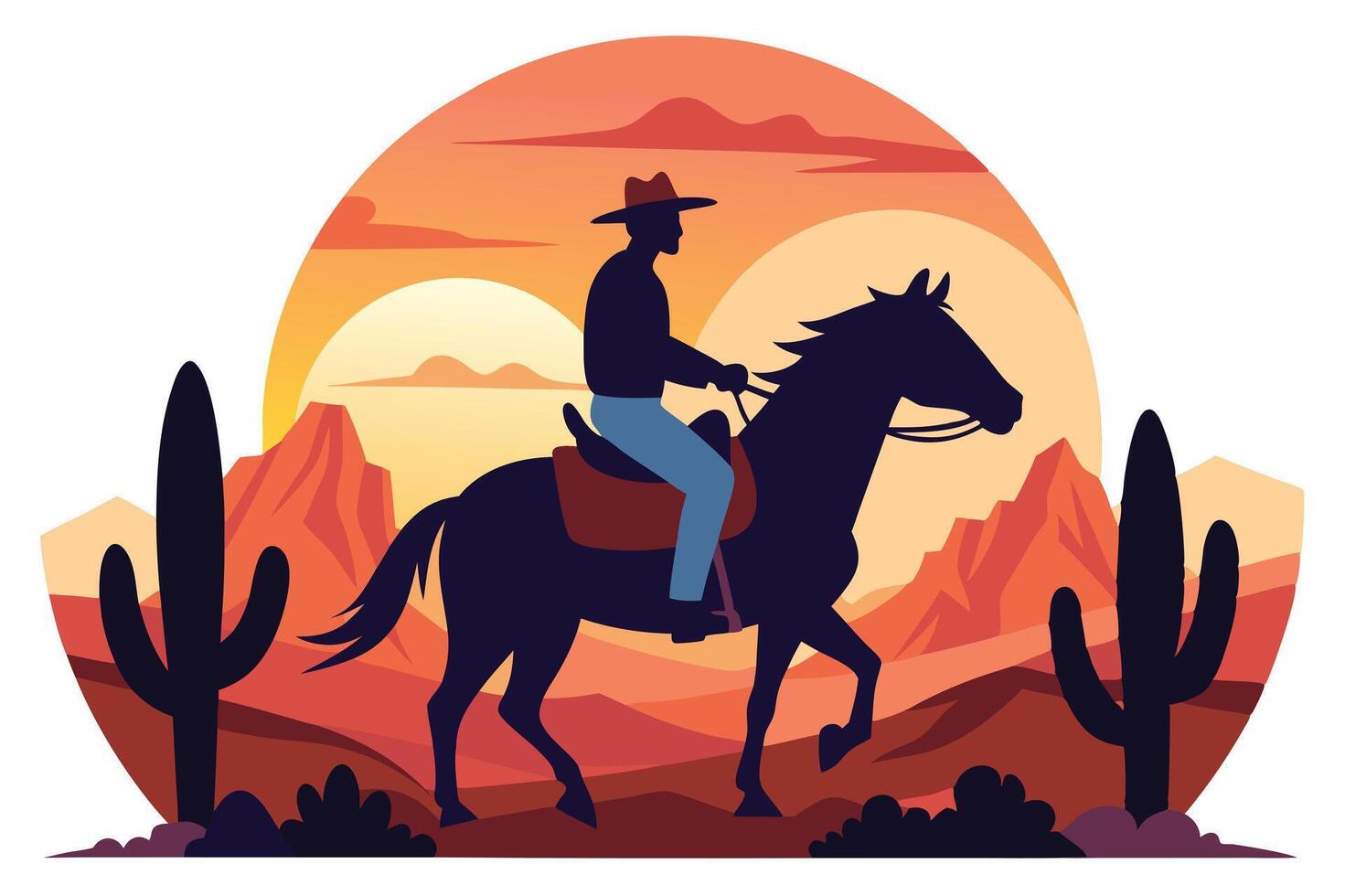 Cowboy Riding Horse Silhouette with Desert Sunset and Cactus vector