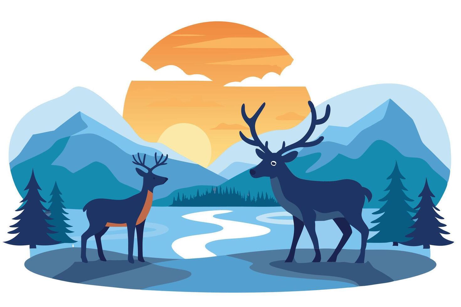 Two Deer in Landscape with Blue Mountains and Sun Flat vector