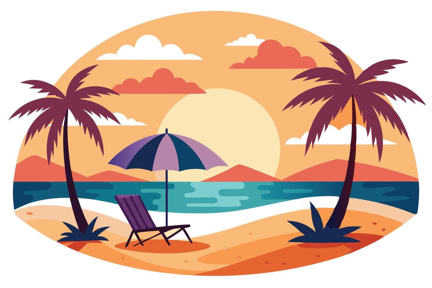 Tropical Beach Paradise Sunset with Palm Trees, Lounge Chair and Umbrella Art vector
