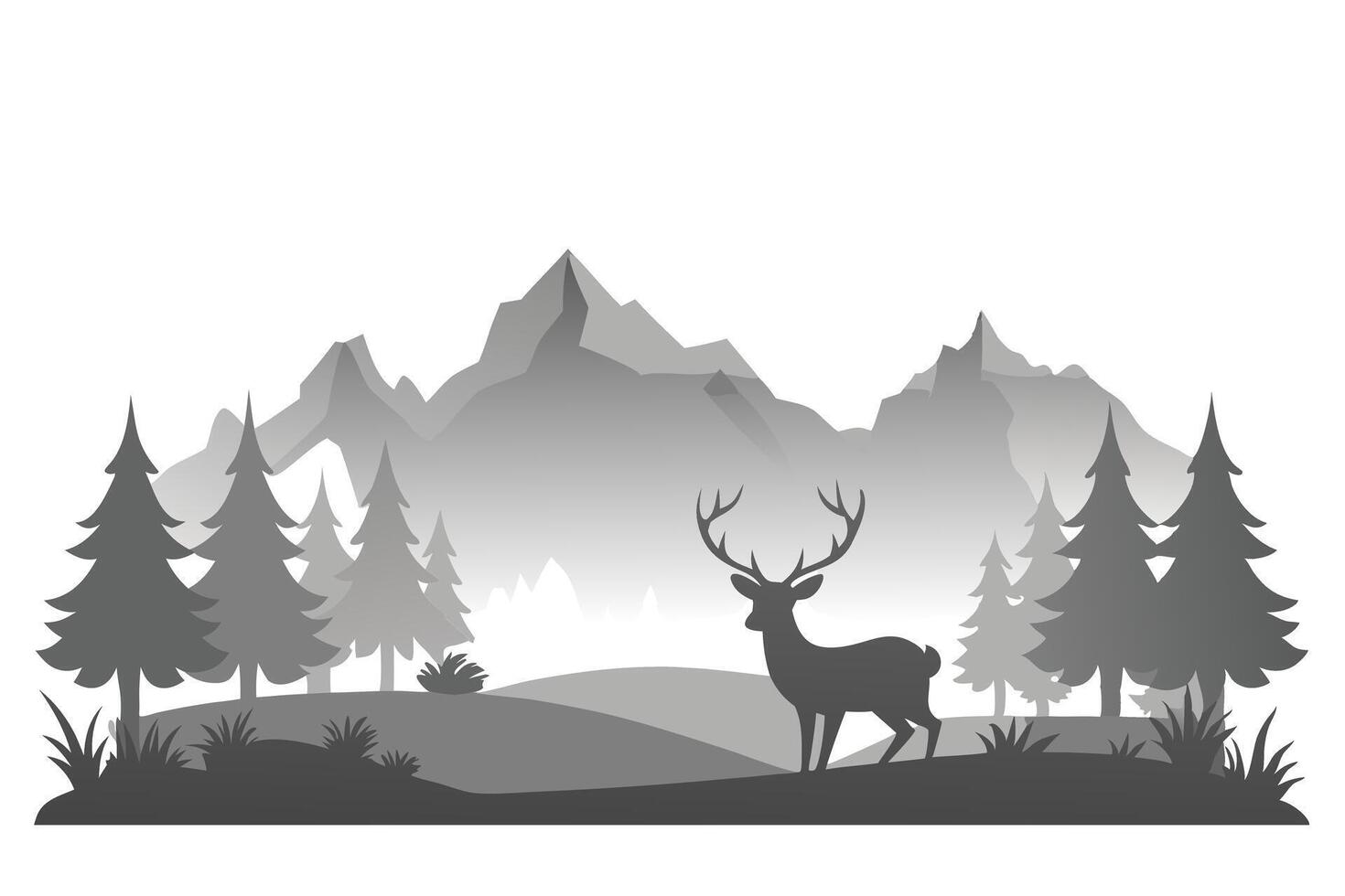 Serene Grey Deer Silhouette With Antlers Standing Amidst Forest and Mountain Scenery vector