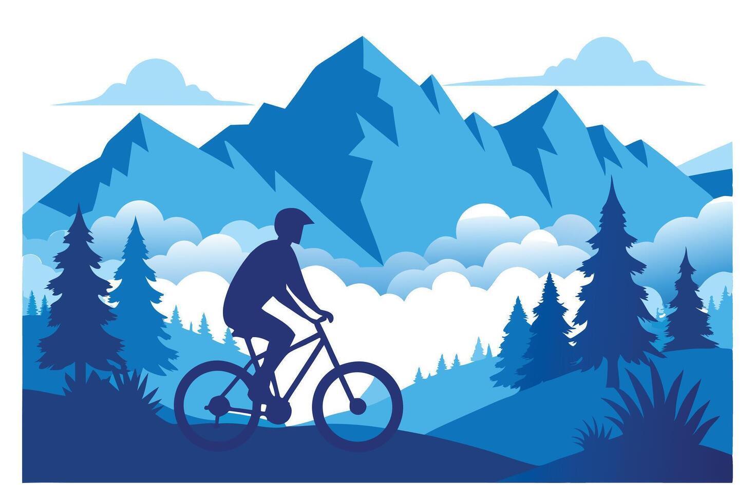 Silhouette of Biker Riding Mountain Bike on Trail with Mountain Backdrop in Blue vector