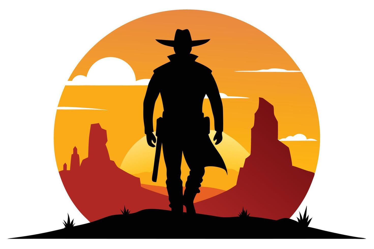 Silhouette of Cowboy with Hat Against Sunset in Desert Landscape vector
