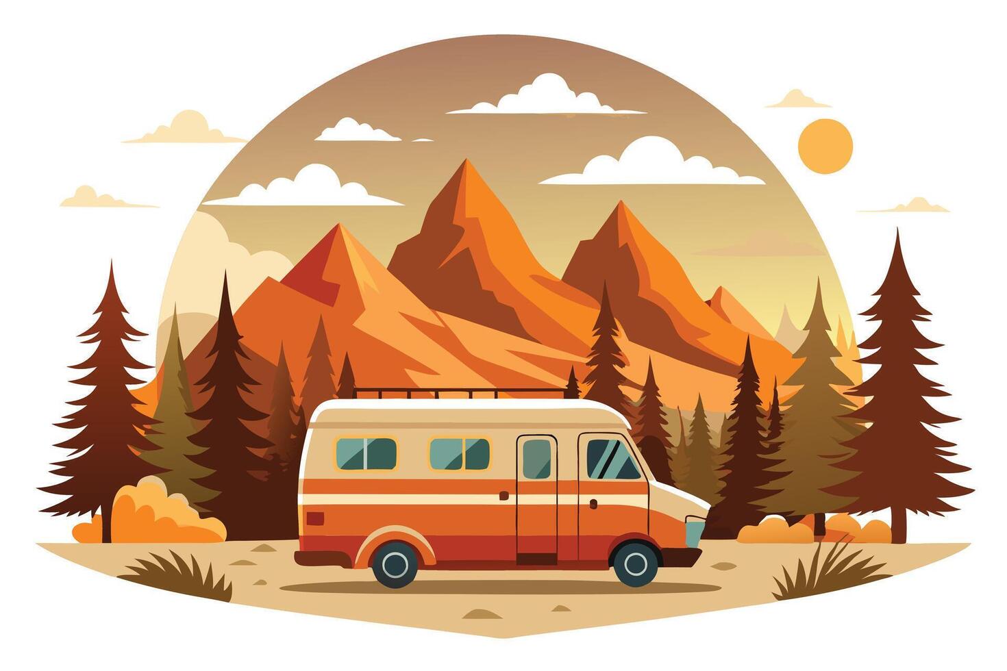 Campervan in a Mountain Landscape Scenery with Orange Sun, Style vector