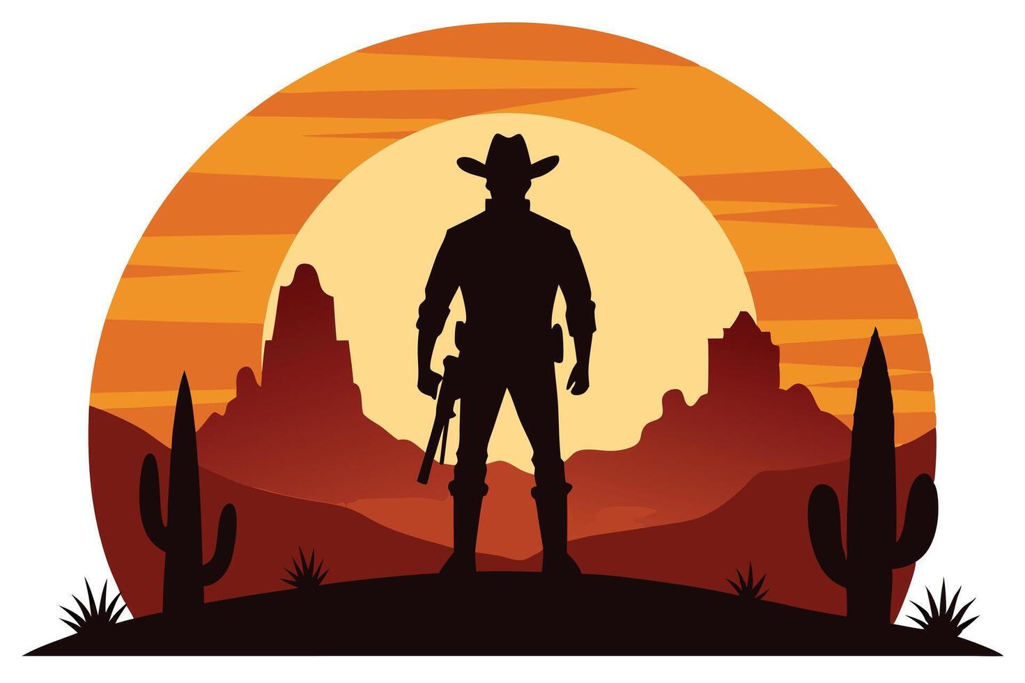 Cowboy Silhouette with Rifle Against Sunset Landscape and Cactus in Desert vector