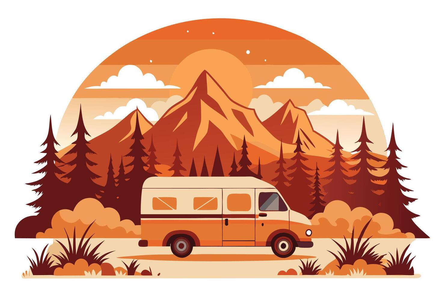 Scenic Campervan Adventure Mountains, Sunrise, Trees in Orange Hues vector