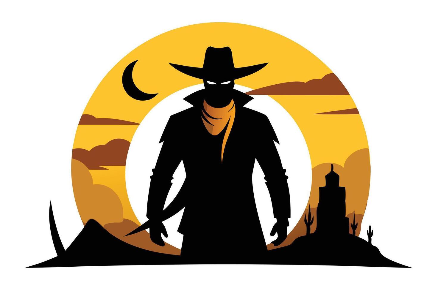 Silhouette Cowboy with Hat, Yellow Bandana and Desert Landscape on White Backdrop vector