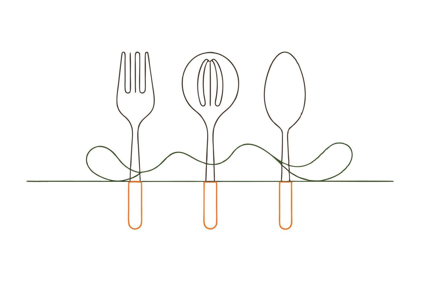 Minimalist Fork, Slotted Spoon, and Spoon Line Art with Orange Handle on White vector