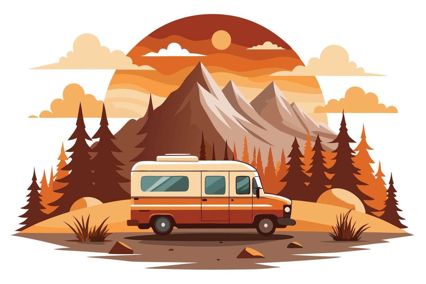 Brown Van with Mountains, Forest, and Sun in Background on White vector
