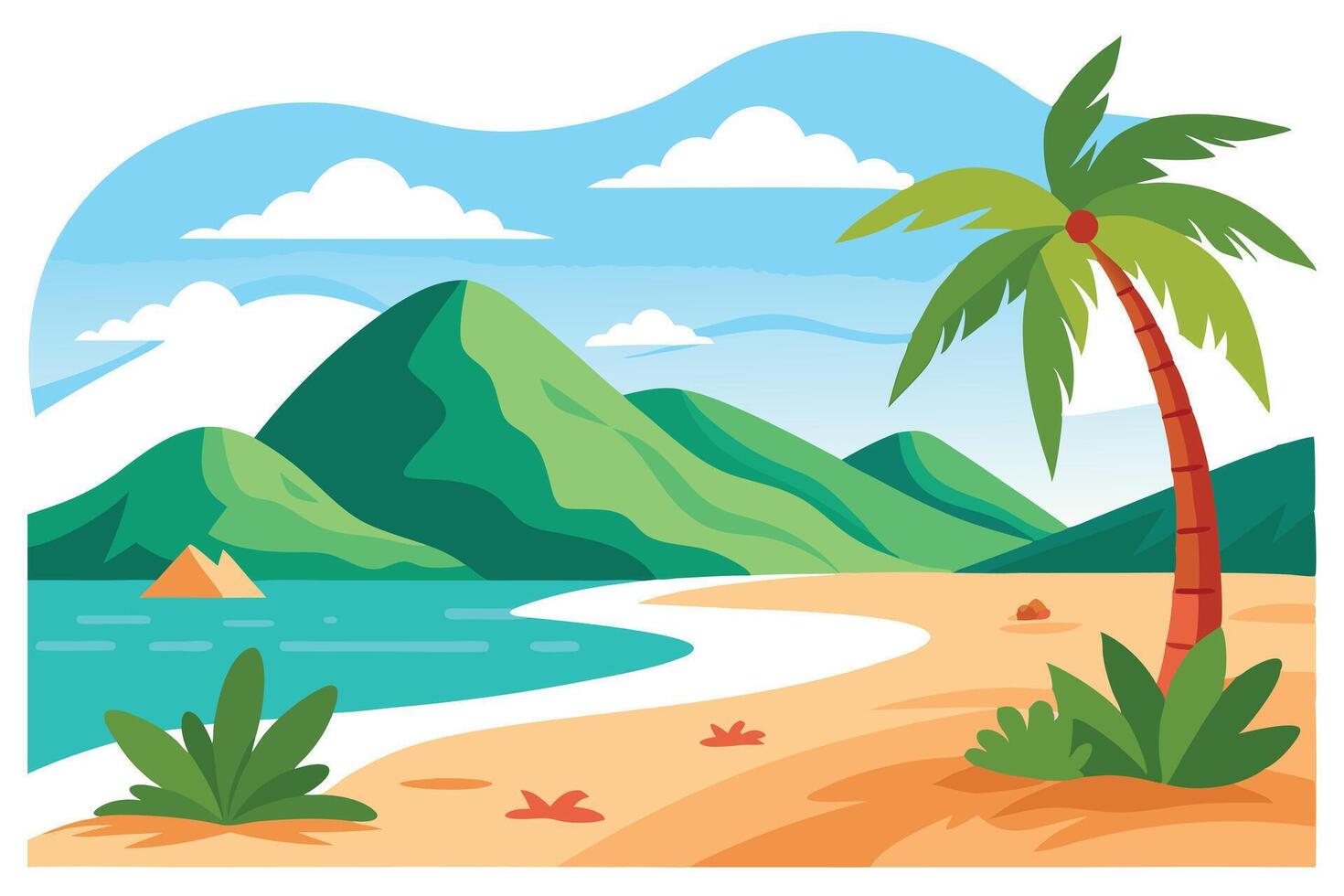 Idyllic Coastline with Palm, Mountains, Sky and Clouds in Bright Cartoon Style vector