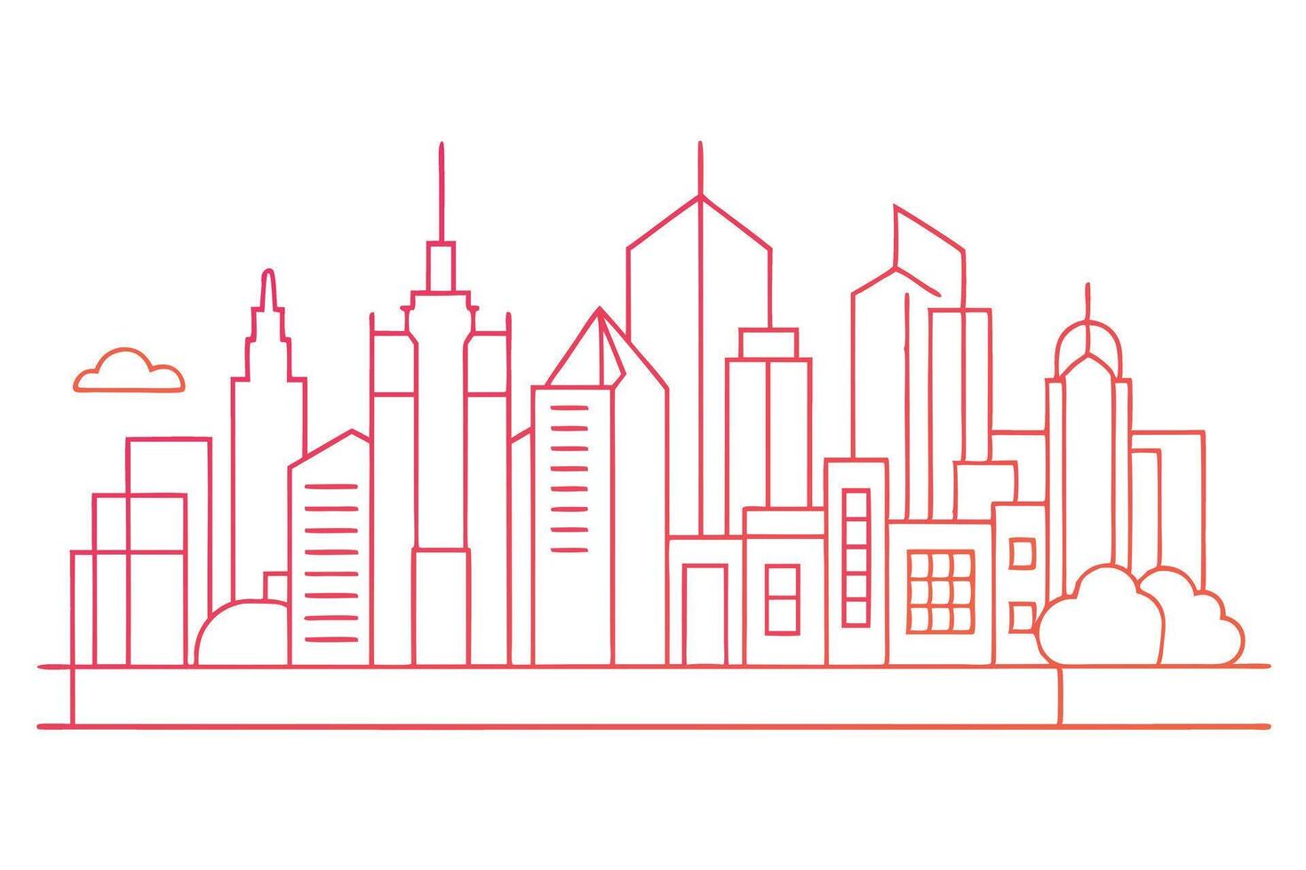 Minimalist cityscape line art, red and orange gradient, skyscraper outline, buildings vector