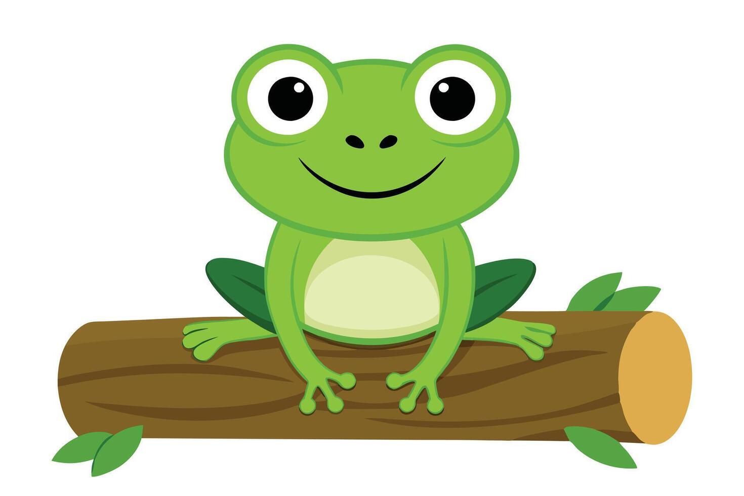 Happy Green Cartoon Frog Sitting on Brown Log with Leaves Isolated on White vector