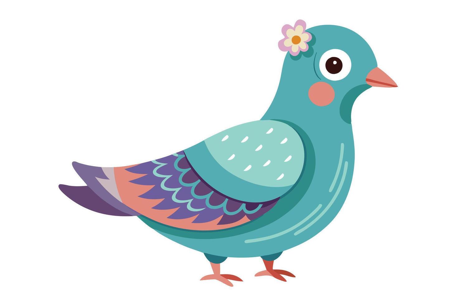 Cartoon Dove with Flower Accent Isolated Bird, Feather Detail on a White Background vector